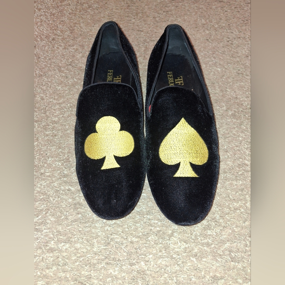 FERUCCI Men Black Velvet Slippers Loafers Flats with Embroidered Spade and Club